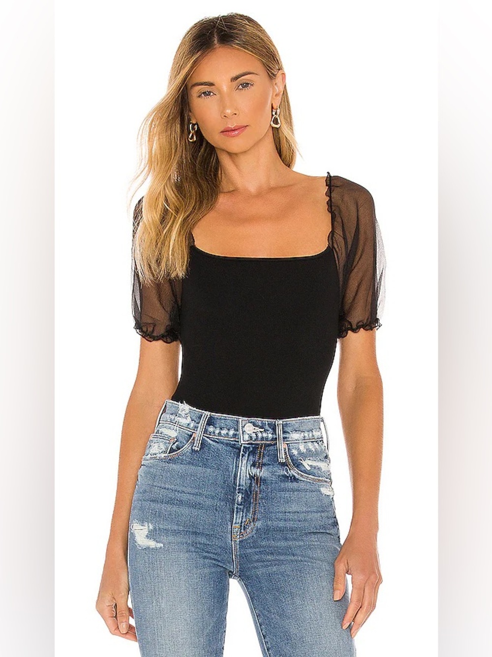 ASTR The Label Darling Bodysuit Black Puff Sleeve Size S